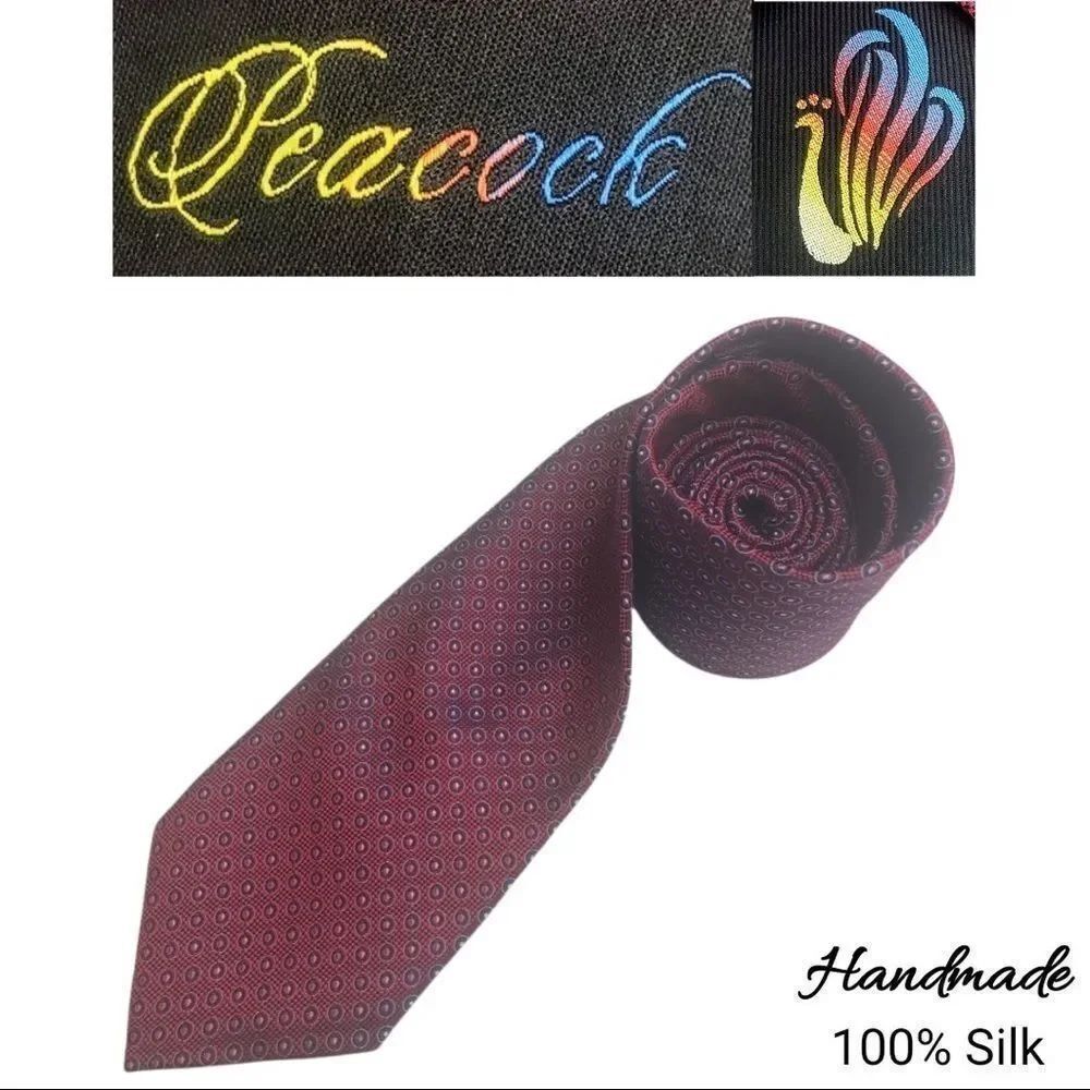 Peacock Brand 100% Silk Handmade Tie. Magenta color, polka dot woven pattern